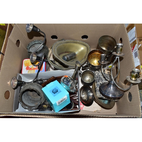 569 - FOUR BOXES OF SILVER PLATE, BRASS, ETC, including goblets, trays, cutlery, bottle coasters, scales, ... 