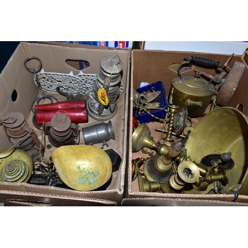 569 - FOUR BOXES OF SILVER PLATE, BRASS, ETC, including goblets, trays, cutlery, bottle coasters, scales, ... 
