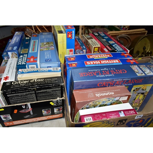 570 - THREE BOXES OF JIGSAW PUZZLES, comprising twenty-four 500pc or 1000pc assorted boxed puzzles - conte... 