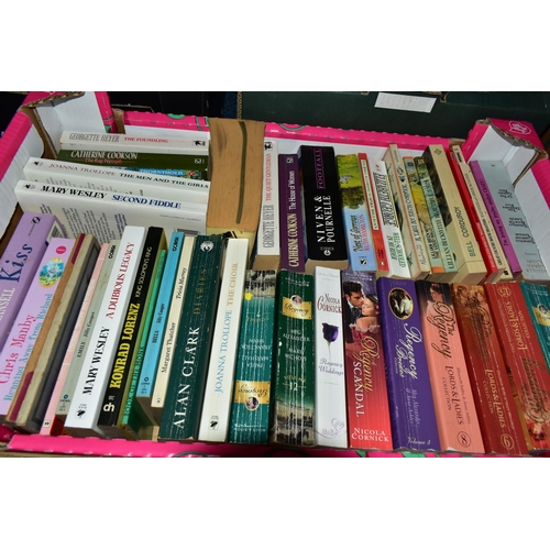 571 - FIVE BOXES OF BOOKS containing over 185 miscellaneous titles in paperback format, most titles are cl... 