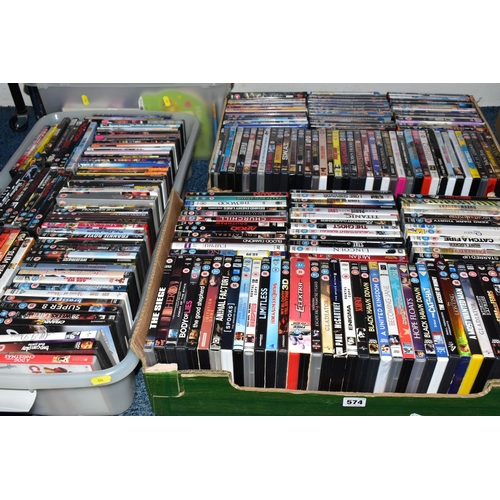 574 - FOUR BOXES OF DVDS, approximately one hundred and eighty DVDs, mainly feature films, with some TV bo... 