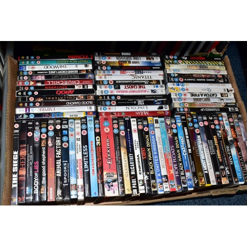 574 - FOUR BOXES OF DVDS, approximately one hundred and eighty DVDs, mainly feature films, with some TV bo... 