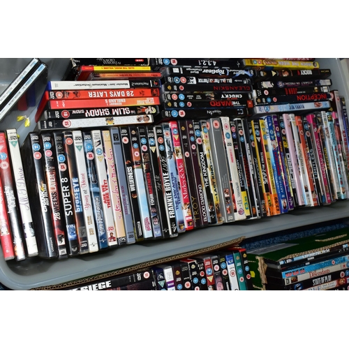 574 - FOUR BOXES OF DVDS, approximately one hundred and eighty DVDs, mainly feature films, with some TV bo... 