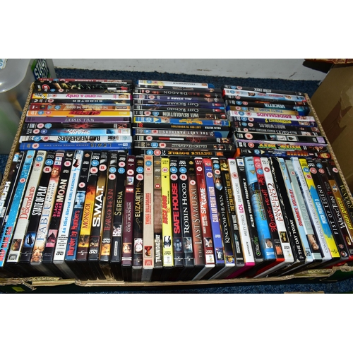 574 - FOUR BOXES OF DVDS, approximately one hundred and eighty DVDs, mainly feature films, with some TV bo... 