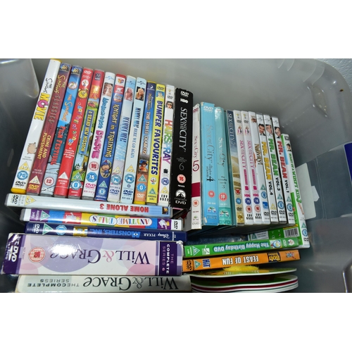 574 - FOUR BOXES OF DVDS, approximately one hundred and eighty DVDs, mainly feature films, with some TV bo... 