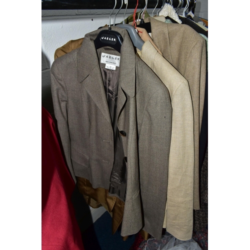 575 - A RAIL AND TWO BOXES OF LADIES CLOTHING, to include coats, jackets, faux furs, sheepskins, skirts an... 