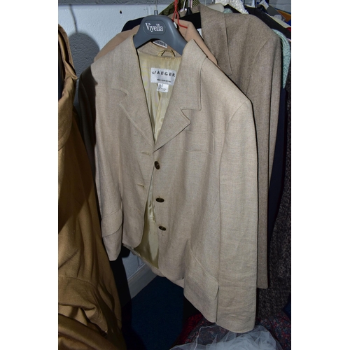 575 - A RAIL AND TWO BOXES OF LADIES CLOTHING, to include coats, jackets, faux furs, sheepskins, skirts an... 