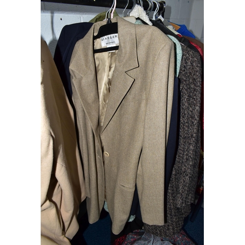 575 - A RAIL AND TWO BOXES OF LADIES CLOTHING, to include coats, jackets, faux furs, sheepskins, skirts an... 