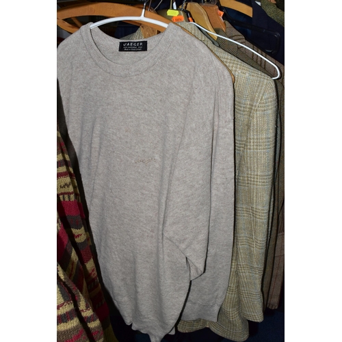 576 - ONE RAIL OF GENTLEMEN'S CLOTHING, to include suits, tweed jackets, sheepskin coat, sweaters, dinner ... 
