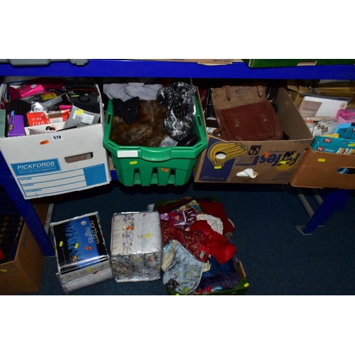578 - FIVE BOXES OF LADIES ACCESSORIES, to include vintage handbags, hats, gloves, a quantity of new and u... 