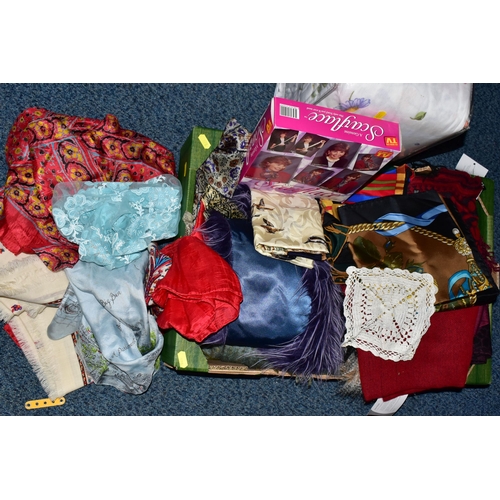578 - FIVE BOXES OF LADIES ACCESSORIES, to include vintage handbags, hats, gloves, a quantity of new and u... 