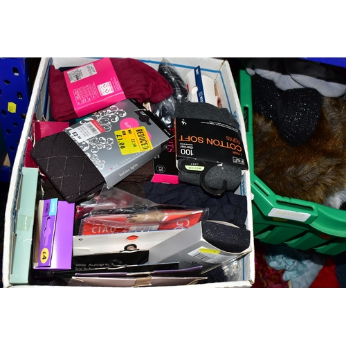 578 - FIVE BOXES OF LADIES ACCESSORIES, to include vintage handbags, hats, gloves, a quantity of new and u... 