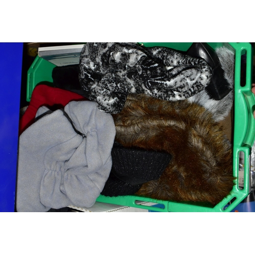 578 - FIVE BOXES OF LADIES ACCESSORIES, to include vintage handbags, hats, gloves, a quantity of new and u... 