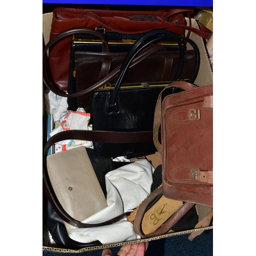 578 - FIVE BOXES OF LADIES ACCESSORIES, to include vintage handbags, hats, gloves, a quantity of new and u... 