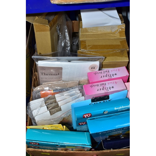 578 - FIVE BOXES OF LADIES ACCESSORIES, to include vintage handbags, hats, gloves, a quantity of new and u... 