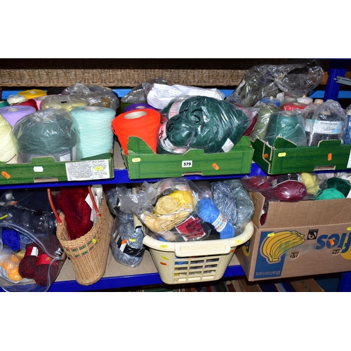 579 - FIVE BOXES AND LOOSE KNITTING WOOL ETC, to include unused reels of knitting machine wool, unused bal... 