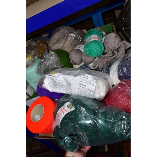 579 - FIVE BOXES AND LOOSE KNITTING WOOL ETC, to include unused reels of knitting machine wool, unused bal... 