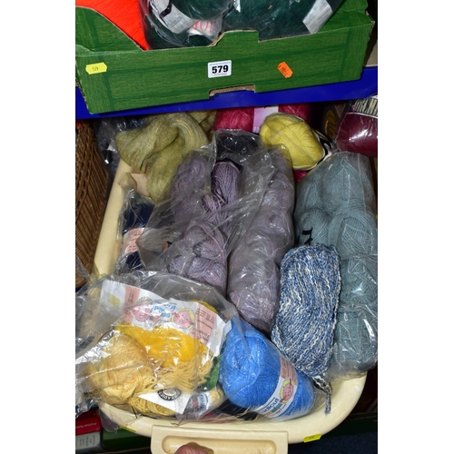 579 - FIVE BOXES AND LOOSE KNITTING WOOL ETC, to include unused reels of knitting machine wool, unused bal... 