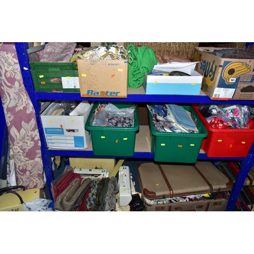 581 - TEN BOXES AND LOOSE ASSORTED FABRIC OFFCUTS AND SEWING MACHINES ETC, the bulk of this lot is compris... 
