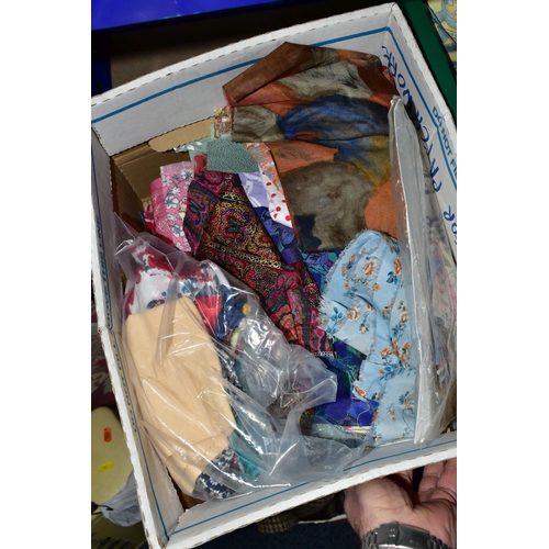 581 - TEN BOXES AND LOOSE ASSORTED FABRIC OFFCUTS AND SEWING MACHINES ETC, the bulk of this lot is compris... 