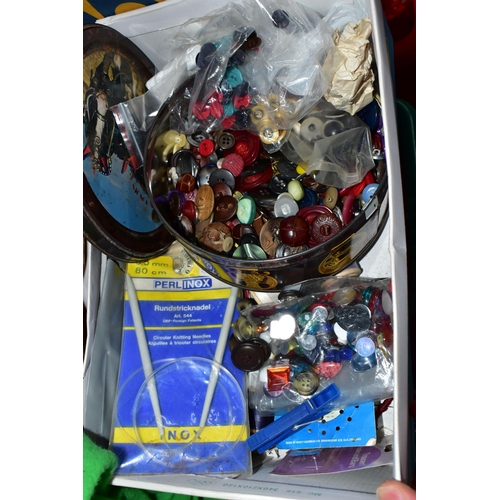 581 - TEN BOXES AND LOOSE ASSORTED FABRIC OFFCUTS AND SEWING MACHINES ETC, the bulk of this lot is compris... 