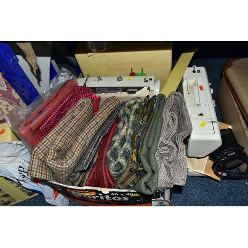581 - TEN BOXES AND LOOSE ASSORTED FABRIC OFFCUTS AND SEWING MACHINES ETC, the bulk of this lot is compris... 