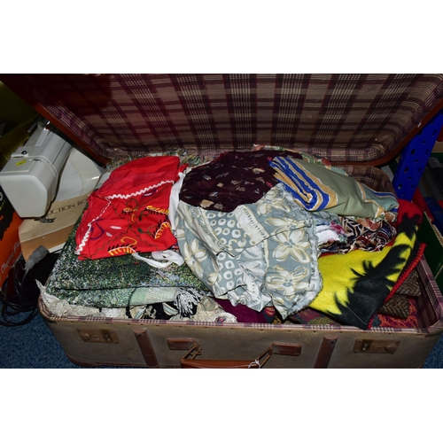 581 - TEN BOXES AND LOOSE ASSORTED FABRIC OFFCUTS AND SEWING MACHINES ETC, the bulk of this lot is compris... 