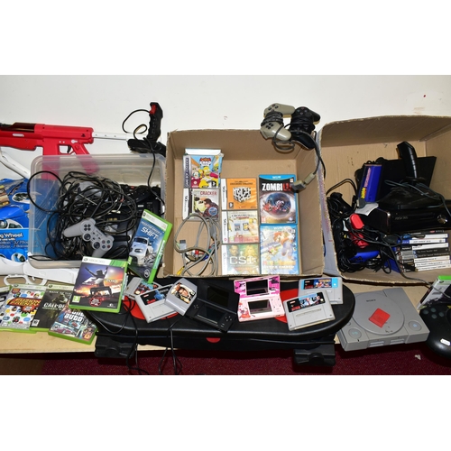 256 - QUANTITY OF GAMES CONSOLES, including two Playstations, a Playstation 2 Slim, Xbox 360, Sega Mega Dr... 