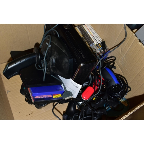 256 - QUANTITY OF GAMES CONSOLES, including two Playstations, a Playstation 2 Slim, Xbox 360, Sega Mega Dr... 