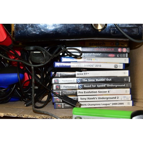 256 - QUANTITY OF GAMES CONSOLES, including two Playstations, a Playstation 2 Slim, Xbox 360, Sega Mega Dr... 