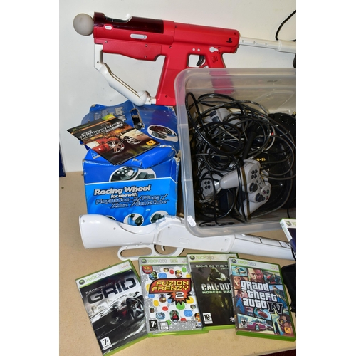 256 - QUANTITY OF GAMES CONSOLES, including two Playstations, a Playstation 2 Slim, Xbox 360, Sega Mega Dr... 