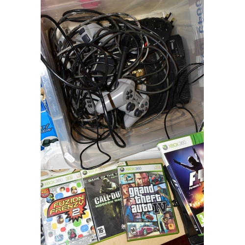 256 - QUANTITY OF GAMES CONSOLES, including two Playstations, a Playstation 2 Slim, Xbox 360, Sega Mega Dr... 