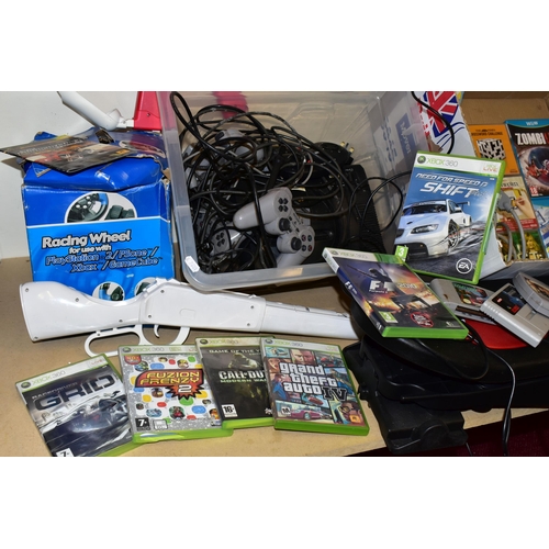 256 - QUANTITY OF GAMES CONSOLES, including two Playstations, a Playstation 2 Slim, Xbox 360, Sega Mega Dr... 