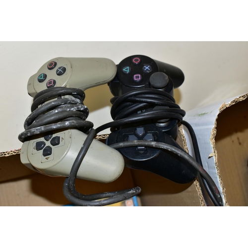 256 - QUANTITY OF GAMES CONSOLES, including two Playstations, a Playstation 2 Slim, Xbox 360, Sega Mega Dr... 