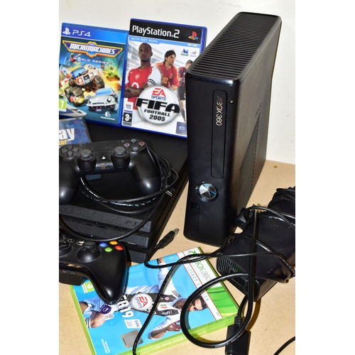 266 - PLAYSTATION 4 PRO AND XBOX 360 S CONSOLES, includes FIFA Football 2005 (PS2), FIFA 19 (Xbox 360) and... 