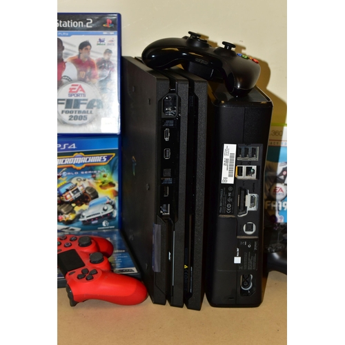 266 - PLAYSTATION 4 PRO AND XBOX 360 S CONSOLES, includes FIFA Football 2005 (PS2), FIFA 19 (Xbox 360) and... 