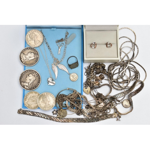 100 - AN ASSORTMENT OF WHITE METAL JEWELLERY, to include a pair of signed 'Fiorelli' open heart earrings s... 