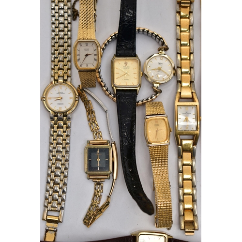 102 - A PLASTIC BOX OF ASSORTED LADYS WRISTWATCHES, mostly quartz movements, used conditions, names to inc... 