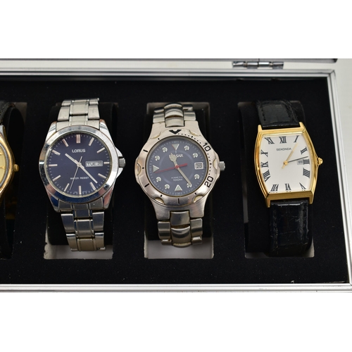 105 - A WATCH DISPLAY BOX WITH WATCHES, six storage case with six gents wristwatches, to include three Sek... 