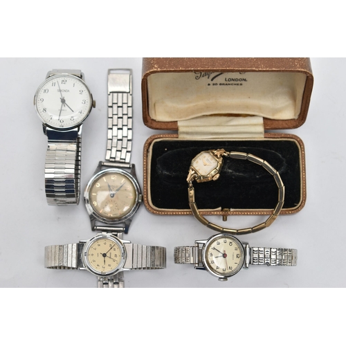 107 - FOUR GENTS WRISTWATCHES AND A LADYS GOLD-PLATED WRISTWATCH, the gents watches to include names such ... 