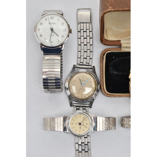 107 - FOUR GENTS WRISTWATCHES AND A LADYS GOLD-PLATED WRISTWATCH, the gents watches to include names such ... 