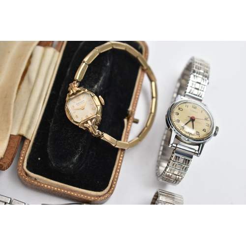 107 - FOUR GENTS WRISTWATCHES AND A LADYS GOLD-PLATED WRISTWATCH, the gents watches to include names such ... 