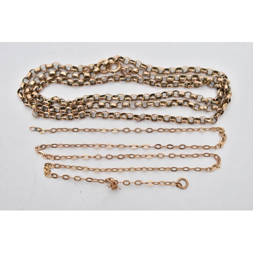 109 - A YELLOW METAL BELCHER CHAIN AND A BROKEN CHAIN, belcher chain fitted with a 9ct tag, and spring cla... 