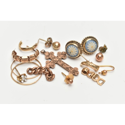 110 - A SMALL BAG OF JEWELLERY, to include a rose gold cross pendant, hallmarked 9ct Birmingham, a pair of... 