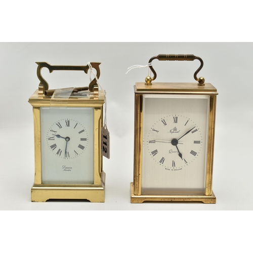 112 - TWO CARRIAGE CLOCKS, to include a 'Deacon, Swindon' carriage clock, personal engraving to the top re... 