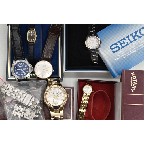 119 - A BOX OF ASSORTED WRISTWATCHES, to include a ladys gold plated 'Rotary' 3412, a ladys stainless stee... 