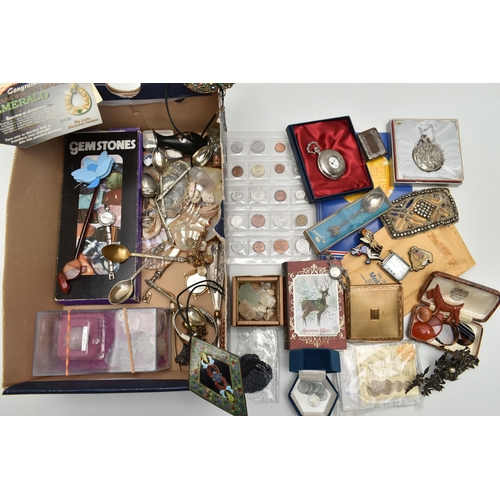 126 - A BOX OF ASSORTED ITEMS, to include a small quantity of gemstone specimens such as a rose quartz pol... 