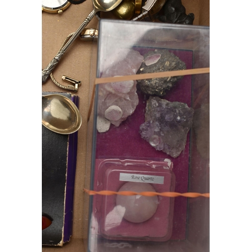 126 - A BOX OF ASSORTED ITEMS, to include a small quantity of gemstone specimens such as a rose quartz pol... 