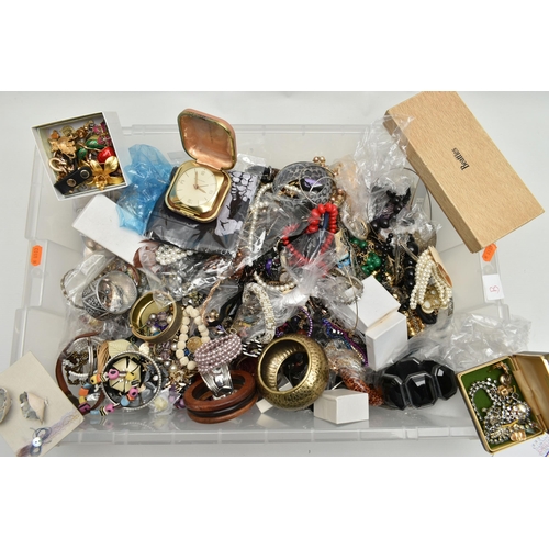 132 - A BOX OF ASSORTED COSTUME JEWELLERY, to include beaded necklaces, bracelets, bangles, earrings, broo... 