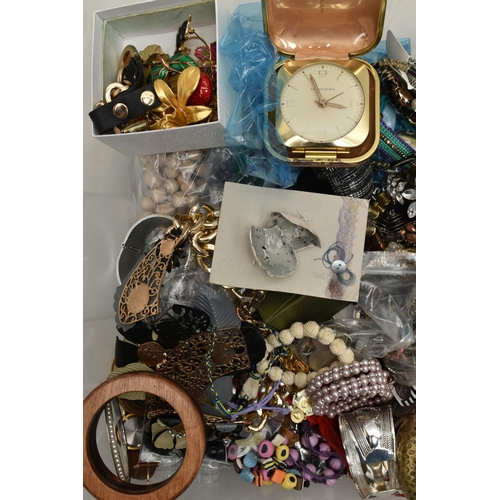 132 - A BOX OF ASSORTED COSTUME JEWELLERY, to include beaded necklaces, bracelets, bangles, earrings, broo... 